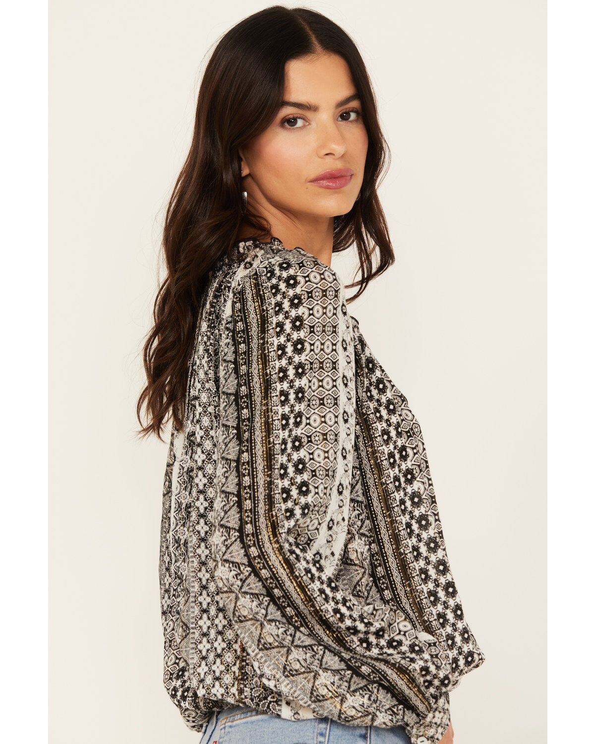 Image #2 - Wild Moss Women's Lurex Striped Long Sleeve Peasant Top, Black, hi-res