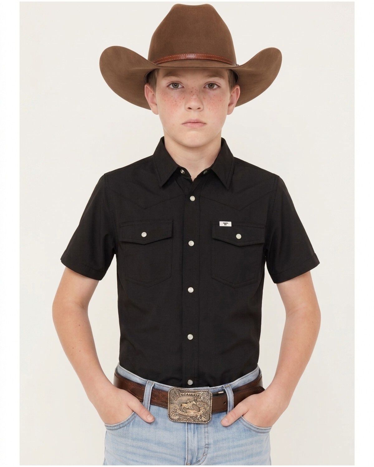 Image #1 - Ferrell Boys' Core Tek Solid Short Sleeve Snap Performance Western Shirt, Grey, hi-res