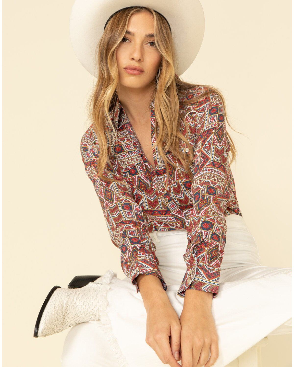 Image #2 - Wrangler Women's Rust Aztec Tile Print Snap Long Sleeve Western Top, , hi-res