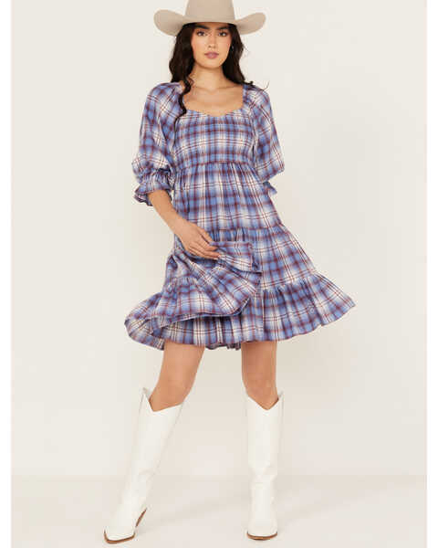 Yura Women's Plaid Print Tier Dress, Blue, hi-res