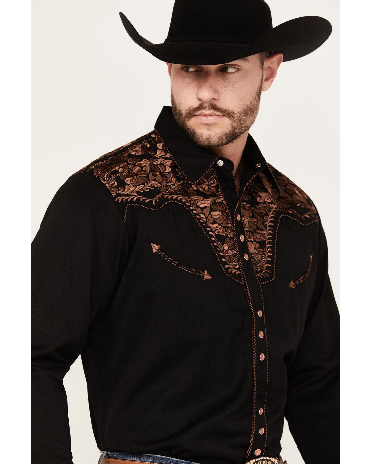 Image #4 - Scully Men's Embroidered Gunfighter Long Sleeve Snap Western Shirt, Black, hi-res