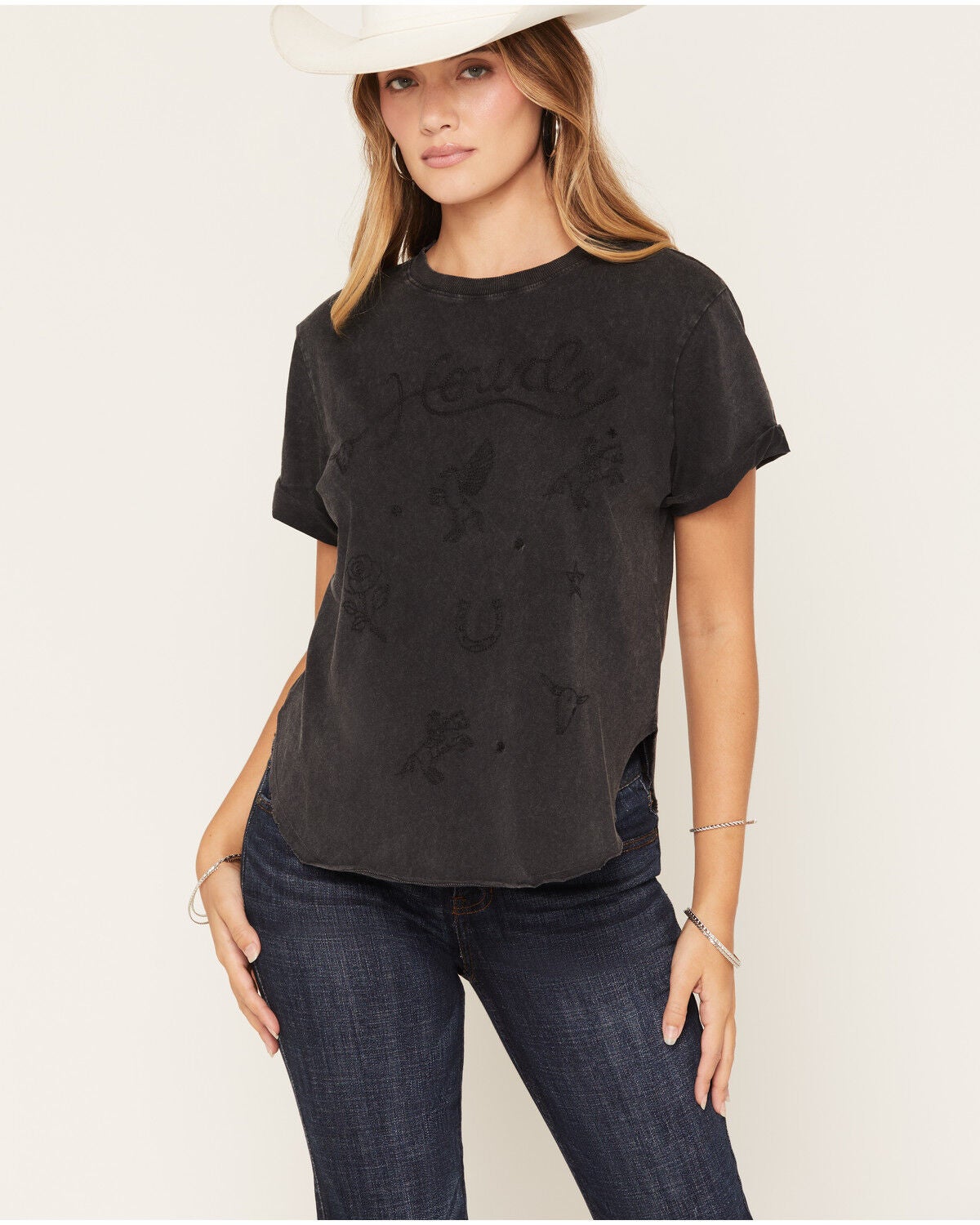 Image #1 - Idyllwind Women's Howdy Nudie Shirttail Short Sleeve Graphic Tee, Black, hi-res