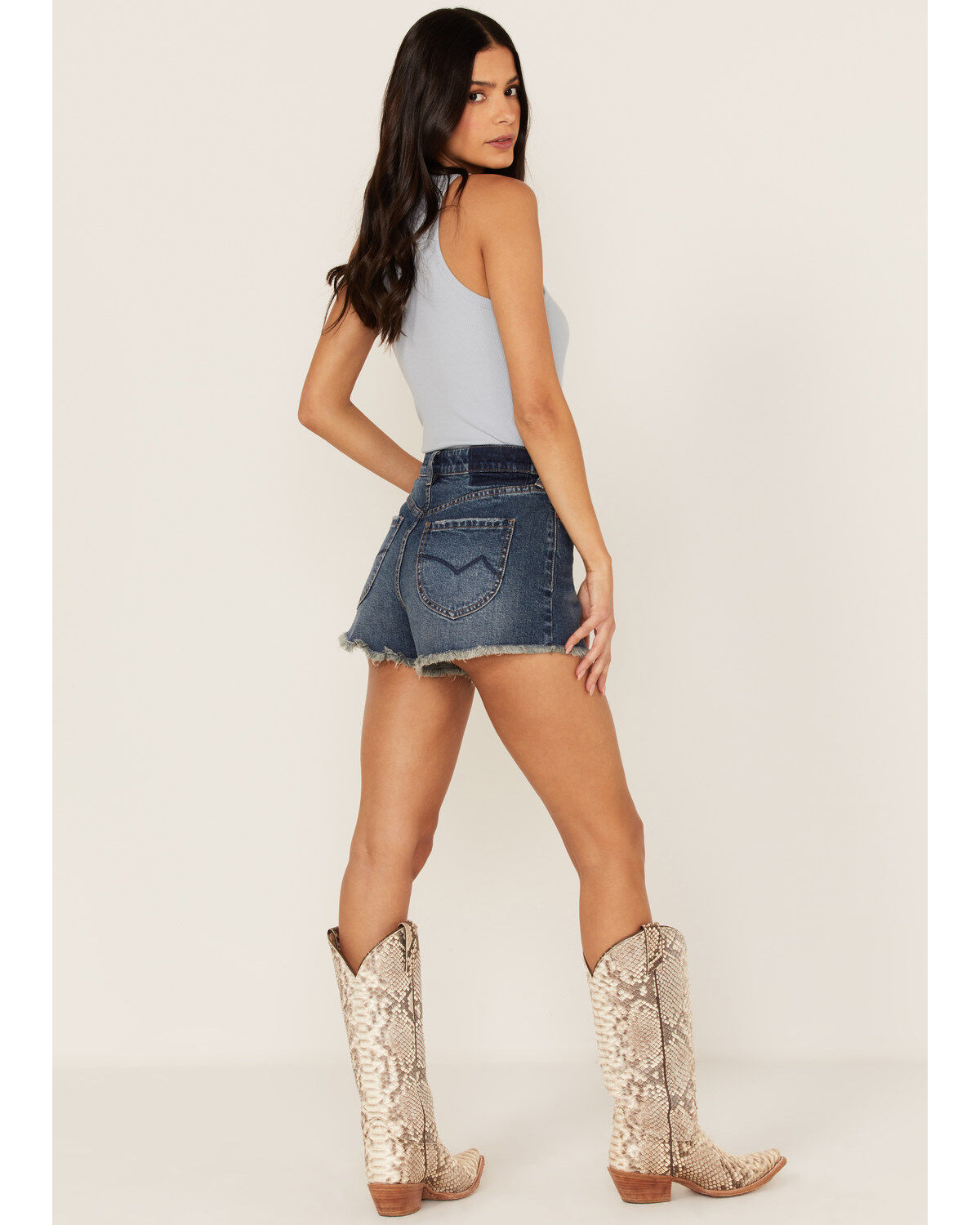 Cleo + Wolf Women's High Rise Dark Wash Frayed Denim Shorts