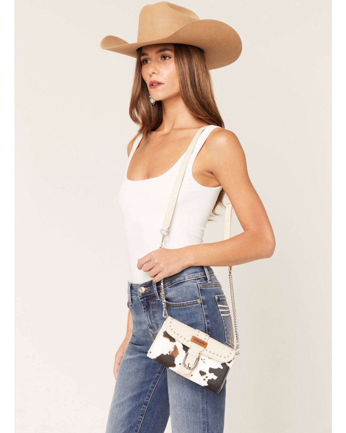 Wrangler X Boot Barn Women's Cow Print Buckle Clutch, Beige, hi-res