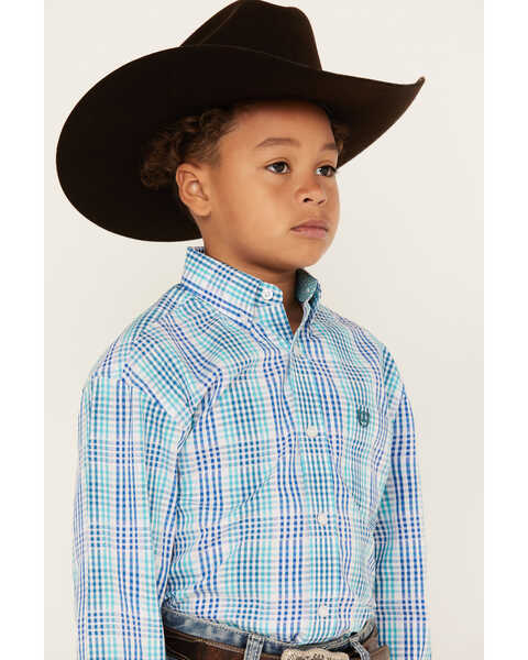 Panhandle Boys' Grid Plaid Print Long Sleeve Button Down Western Shirt, Turquoise, hi-res
