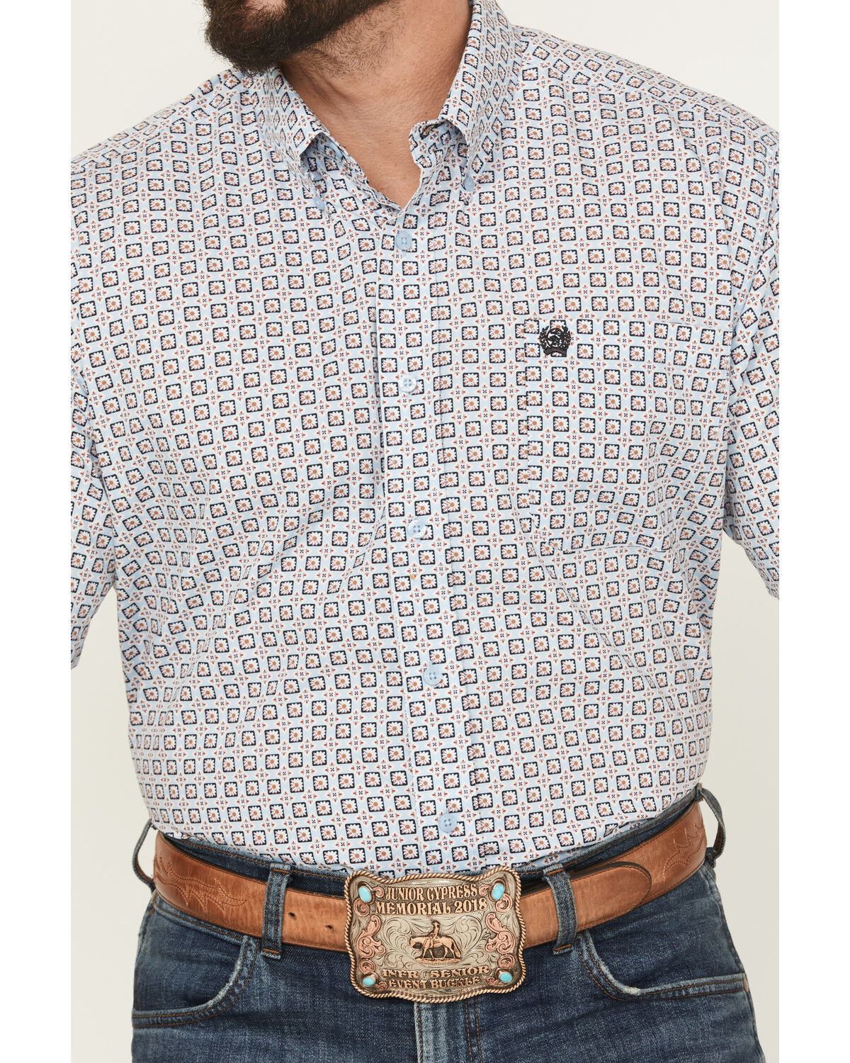 Image #3 - Cinch Men's Floral Geo Print Short Sleeve Button-Down Western Shirt, Light Blue, hi-res