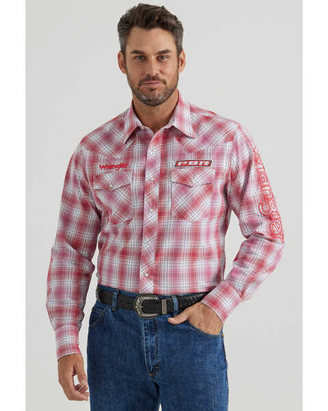Wrangler Men's PBR Logo Plaid Print Long Sleeve Snap Western Shirt - Tall , Red, hi-res