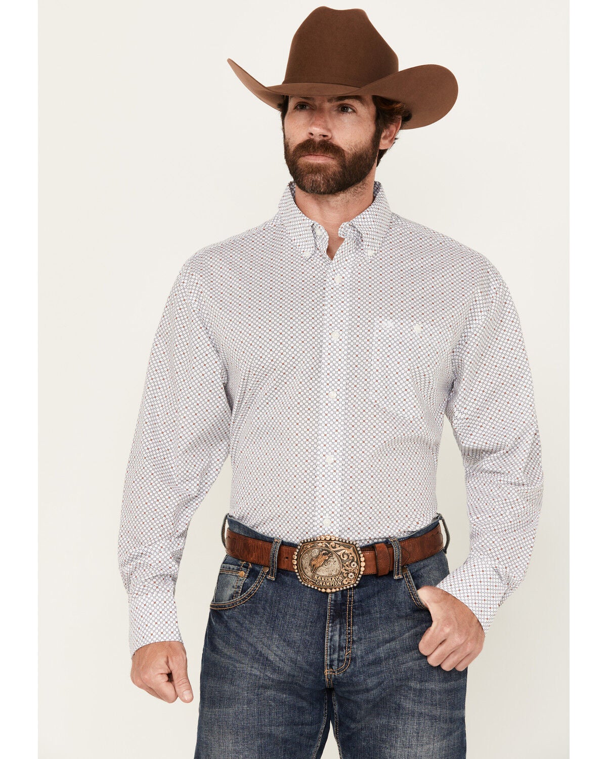 Wrangler Men's Geo Print Long Sleeve Button-Down Stretch Western Shirt, White, hi-res