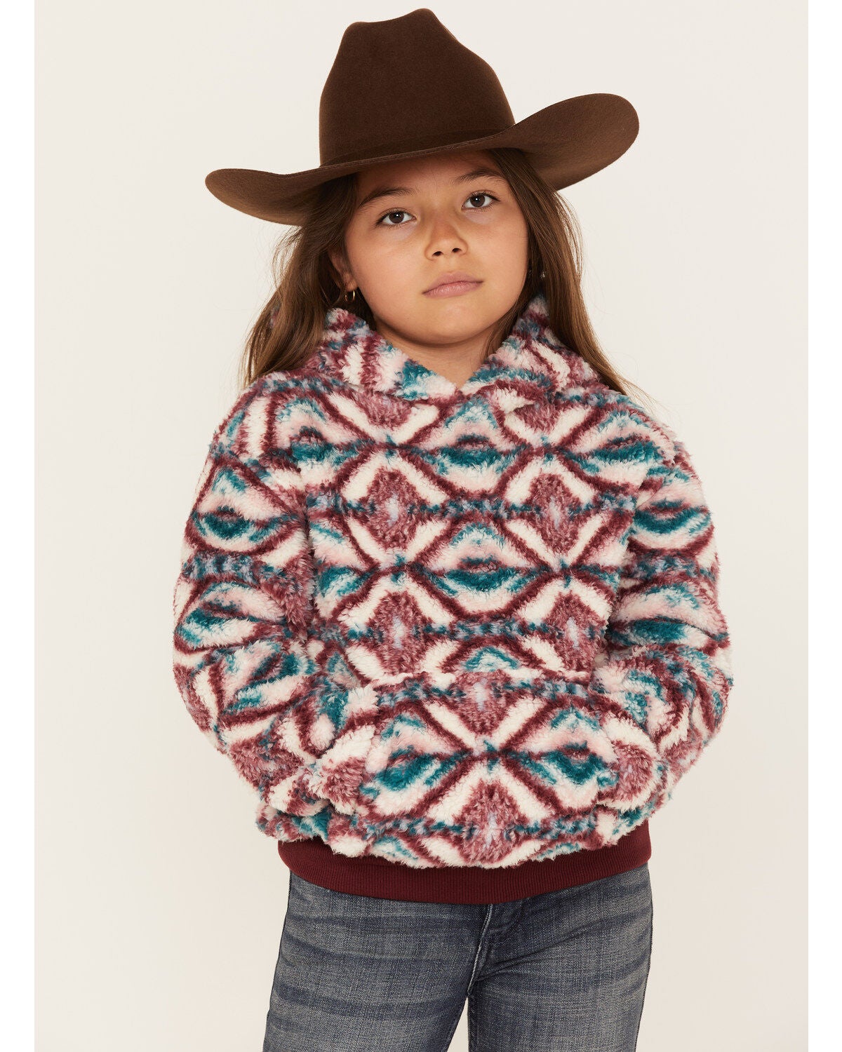 Shyanne Girls' Fuzzy Sherpa Southwestern Print Pullover, Ivory, hi-res