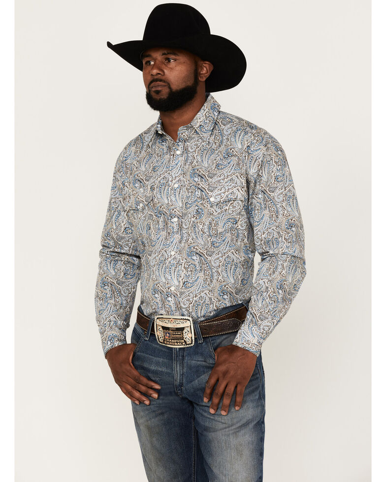Rough Stock By Panhandle Men's Stretch Paisley Print Long Sleeve Snap Western Shirt , Blue, hi-res