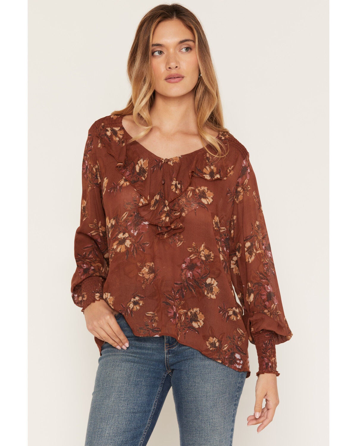 Shyanne Women's Rollins Floral Print Long Sleeve Ruffle Blouse, Bark, hi-res