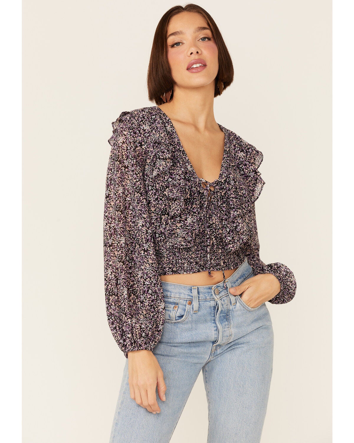 Lush Women's Floral Cinch Front Top, Blue, hi-res