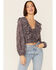 Lush Women's Floral Cinch Front Top, Blue, hi-res