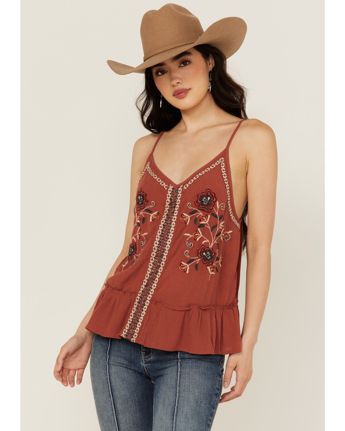 Shyanne Women's Floral Embroidered Cami Tank Top, Mauve, hi-res