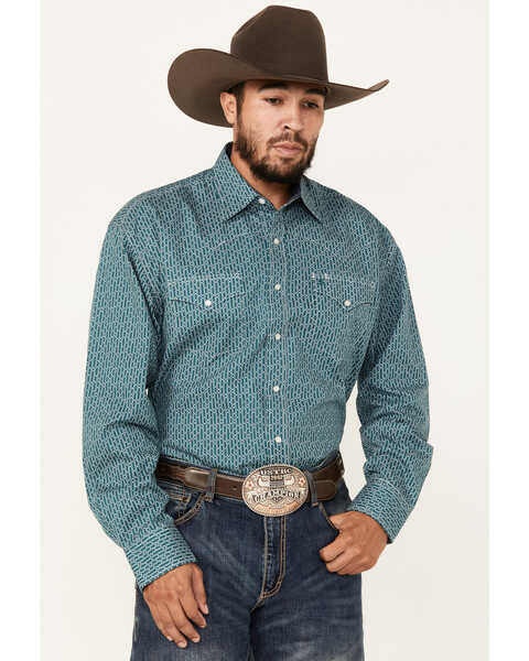 Stetson Men's Geo Print Long Sleeve Pearl Snap Western Shirt, Teal, hi-res