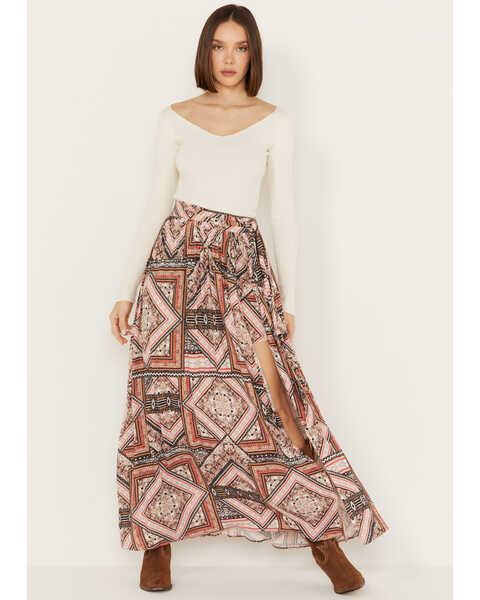 Shyanne Women's Printed Wrap Maxi Skirt, Pecan, hi-res