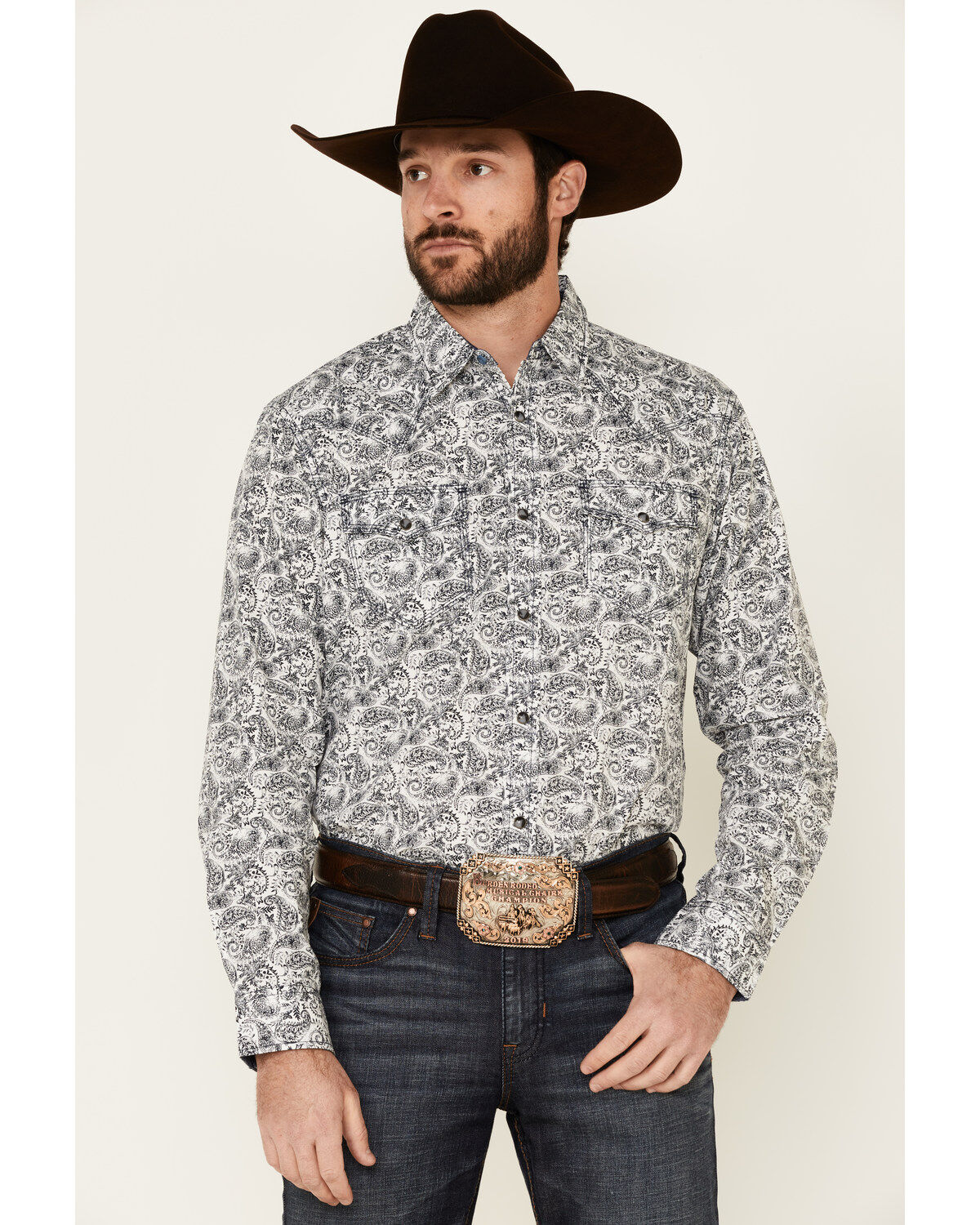 Image #1 - Moonshine Spirit Men's Ricochet Paisley Print Long Sleeve Snap Western Shirt, White, hi-res