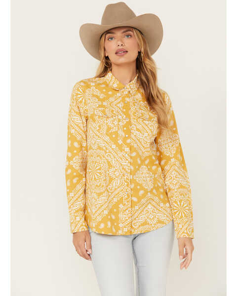 Image #1 - Cotton & Rye Women's Bandana Print Long Sleeve Pearl Snap Western Shirt, Gold, hi-res