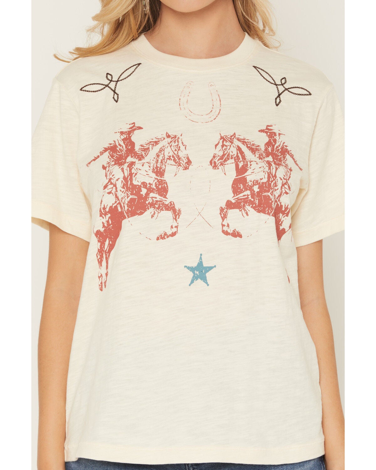 Image #3 - Shyanne Women's Bootstitch Yoke Short Sleeve Graphic Tee, Cream, hi-res