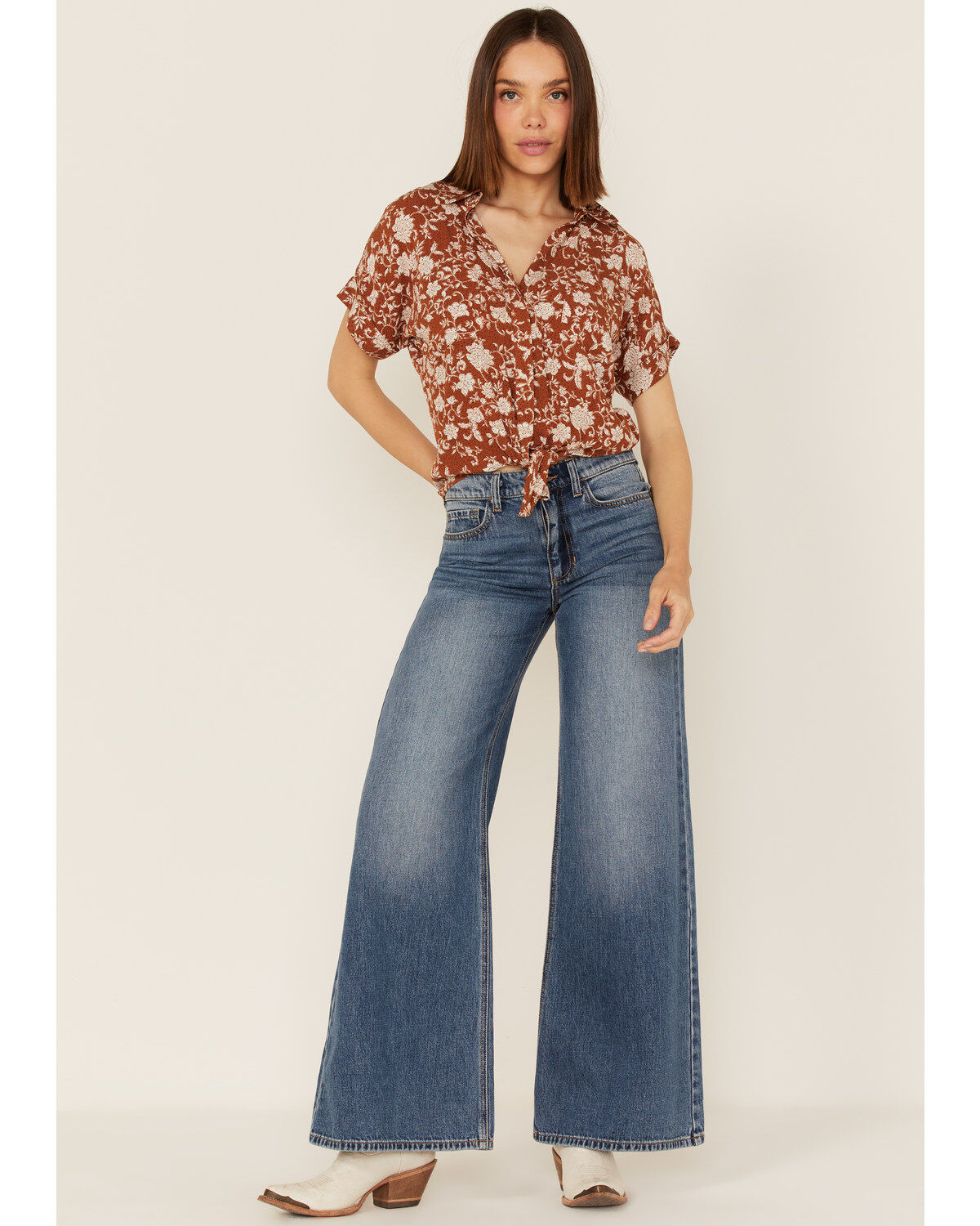 Image #2 - Shyanne Women's Floral Print Tie Front Short Sleeve Blouse, Brown, hi-res