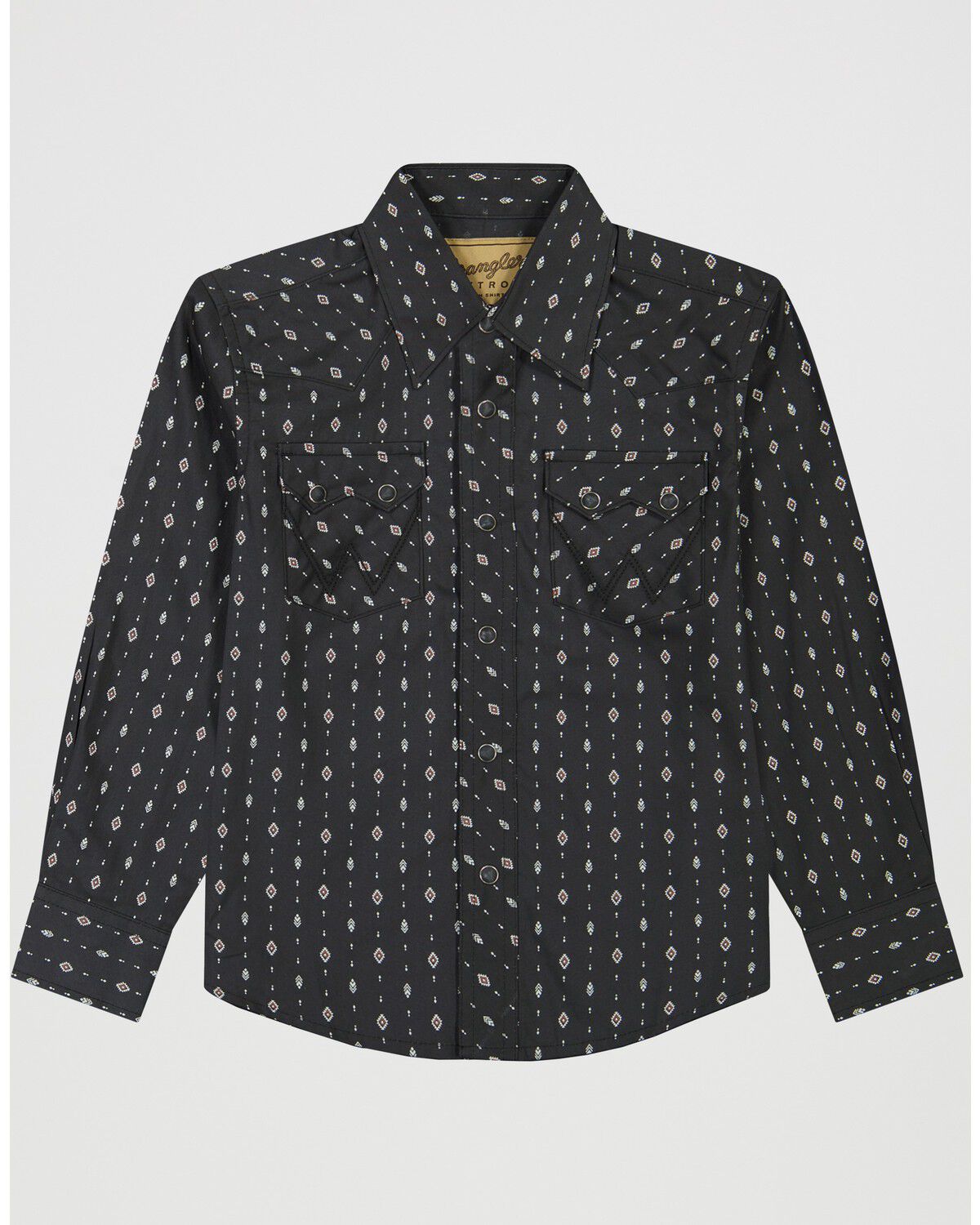 Wrangler Boys' Retro Geo Print Long Sleeve Snap Western Shirt, Black, hi-res