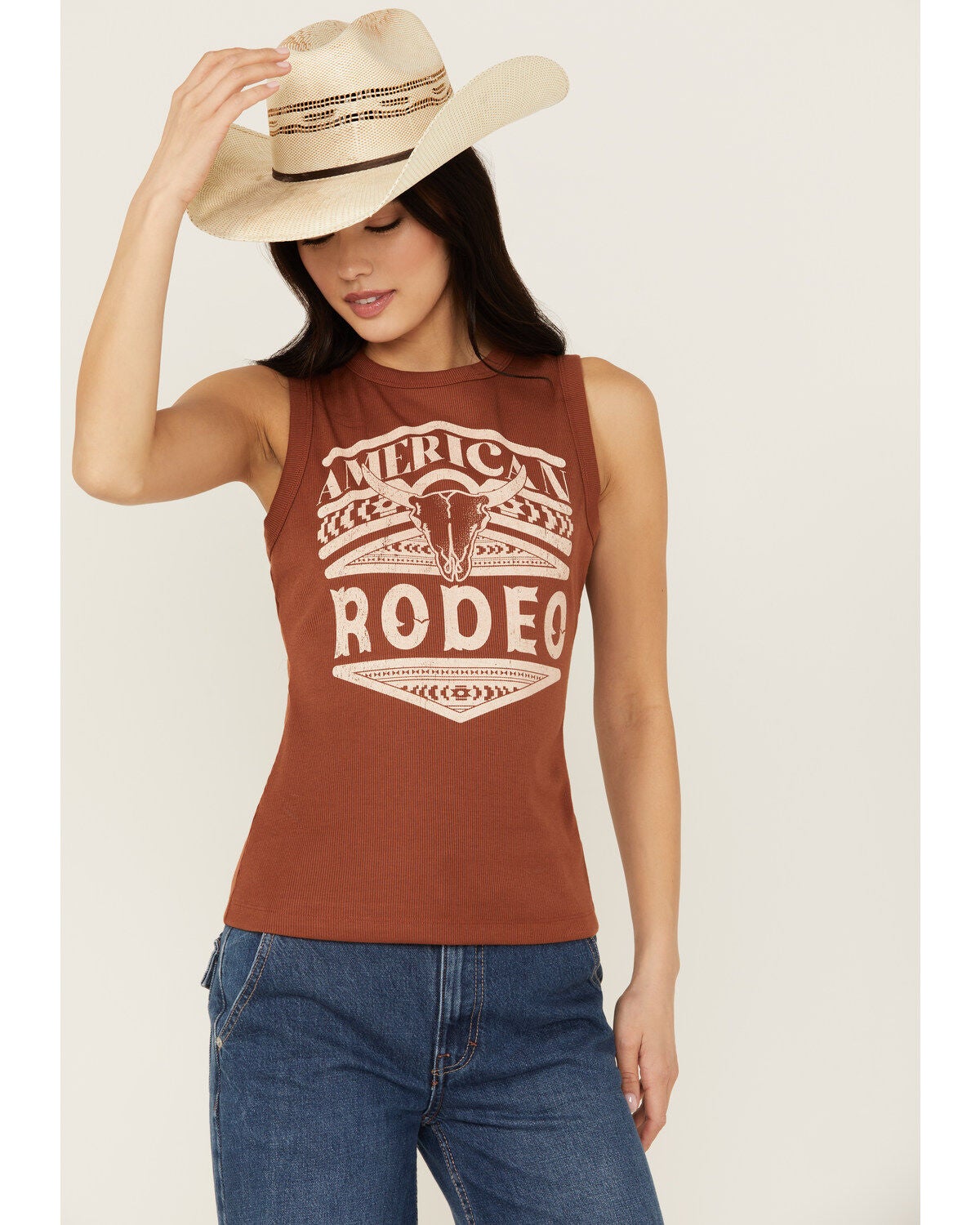Shyanne Women's American Rodeo Ribbed Tank Top, Lt Brown, hi-res