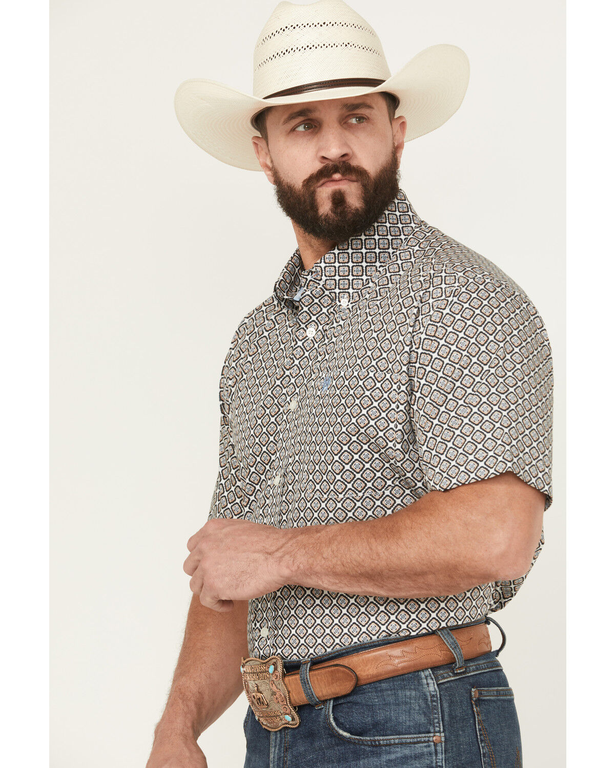 Image #2 - Cinch Men's Medallion Print Short Sleeve Button-Down Western Shirt, Cream, hi-res