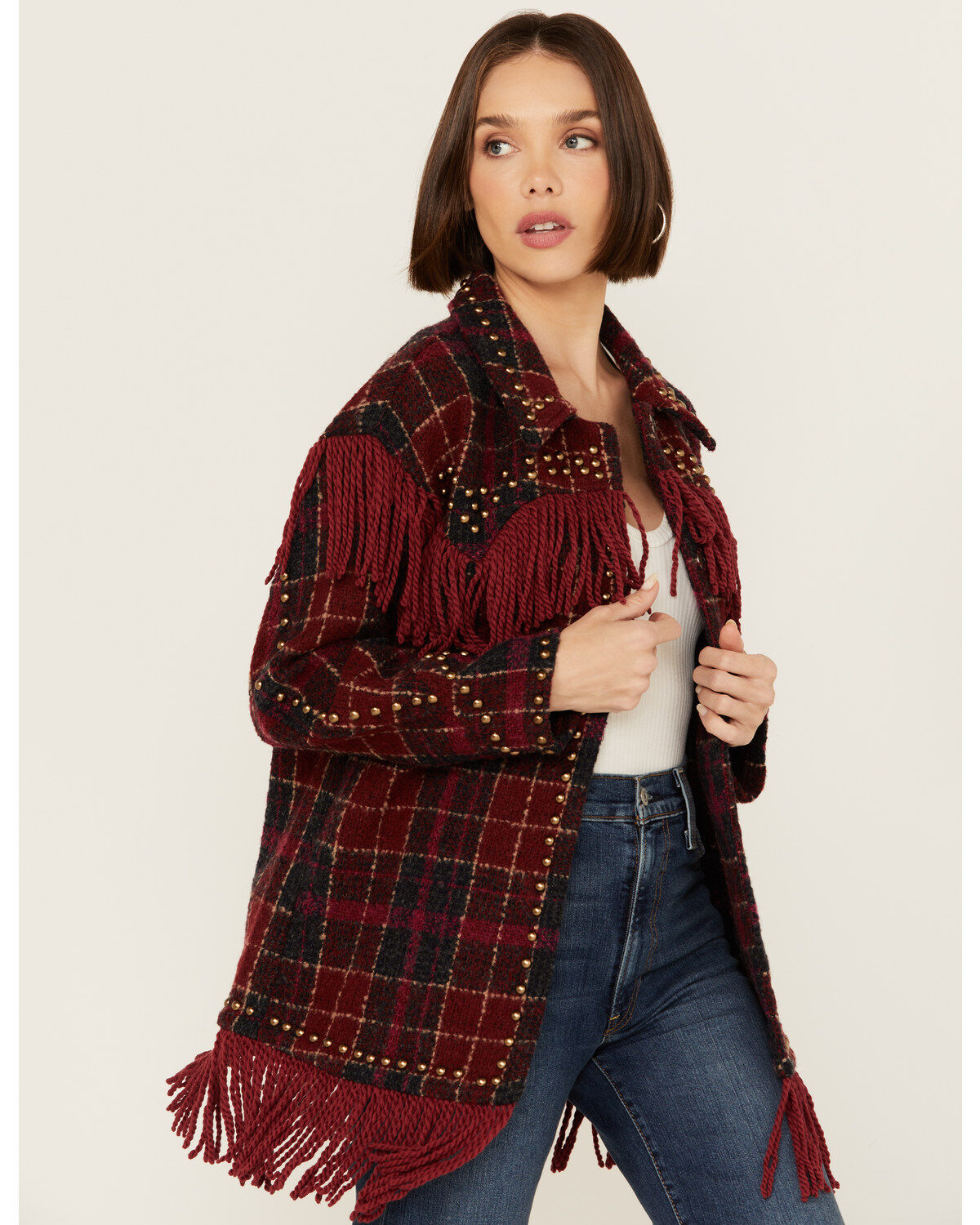 Image #2 - Vocal Women's Tweed Plaid Fringe Jacket, , hi-res