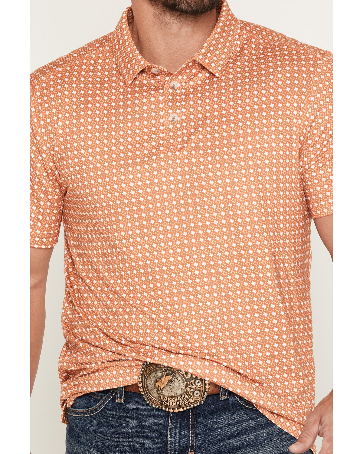 Image #3 - Burlebo Men's Texas Short Sleeve Button-Down Performance Polo Shirt, Orange, hi-res
