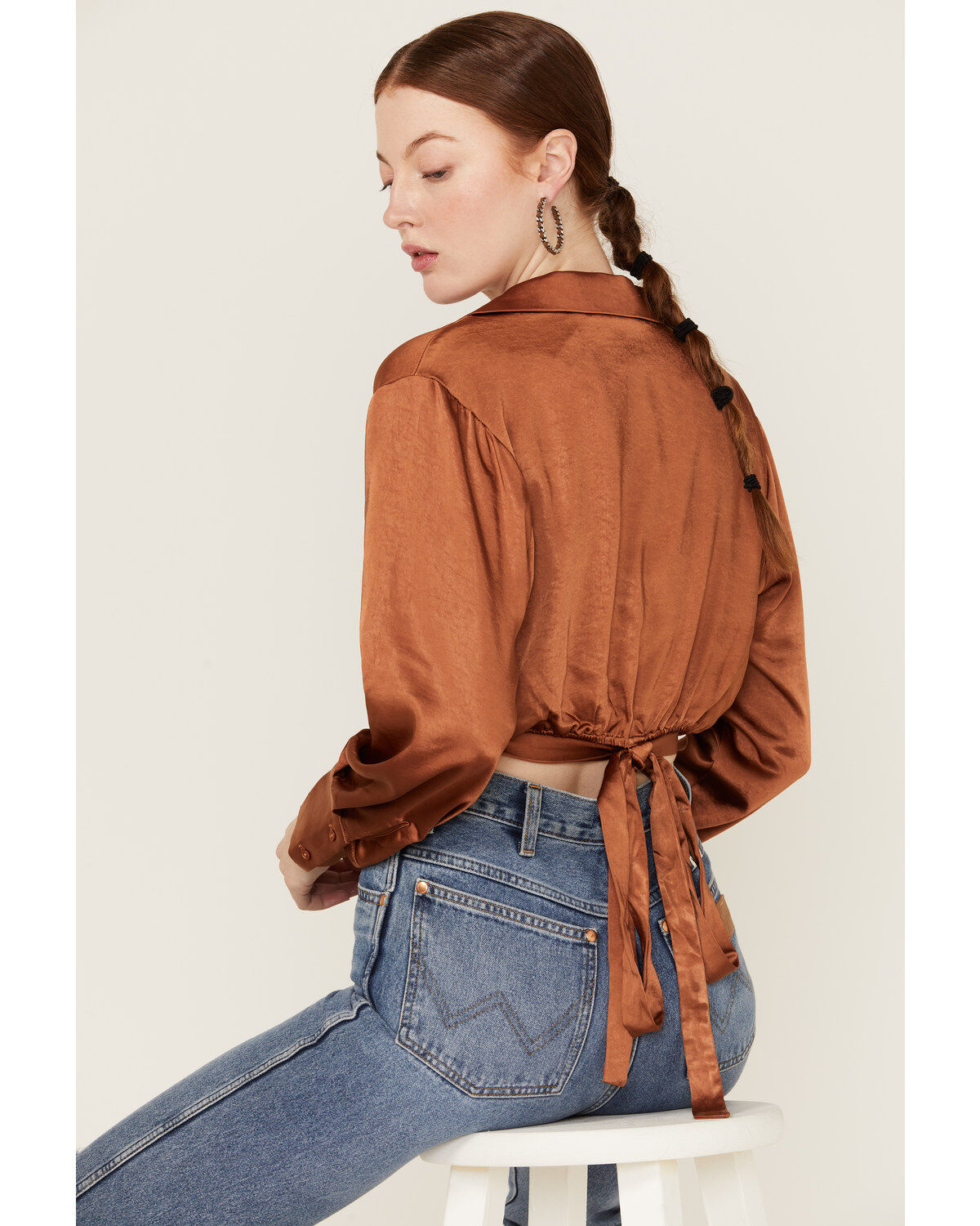 Image #1 - Lush Women's Satin Wrap Tie Waist Crop Top, Rust Copper, hi-res