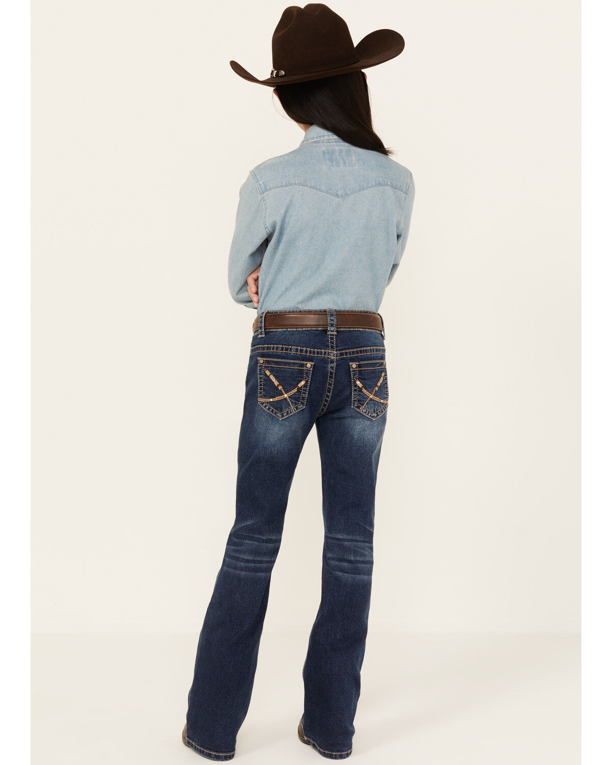Image #3 - Shyanne Girls' Dark Wash Arrow Embroidered Stretch Bootcut Jeans, Blue, hi-res