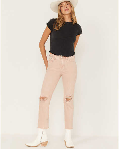 Image #1 - Cleo + Wolf Women's Distressed High Rise Straight Jeans, Peach, hi-res