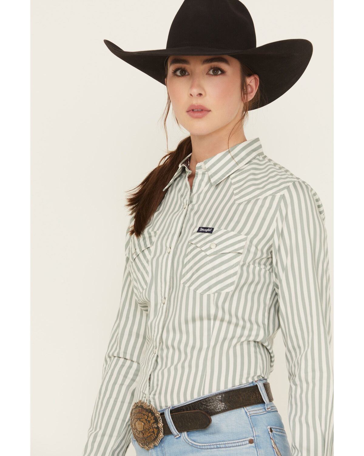 Image #2 - Wrangler Retro Women's Striped Long Sleeve Snap Western Shirt, Green, hi-res