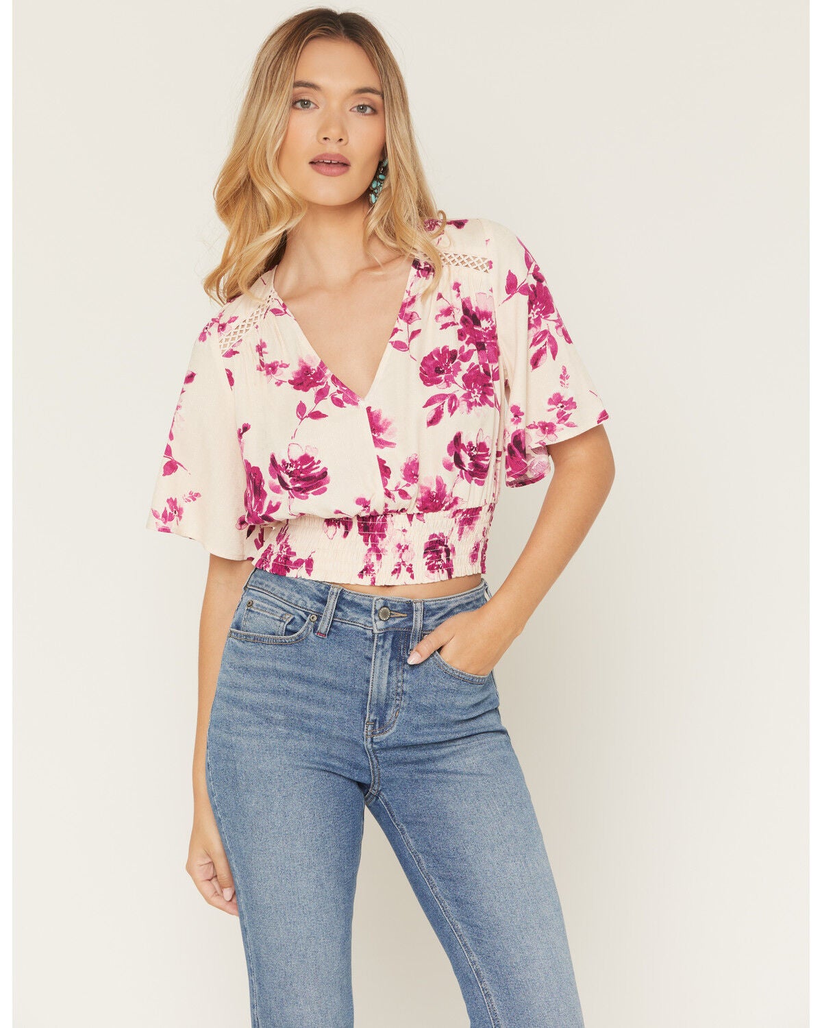 Image #1 - Idyllwind Women's Meadow Floral Print Smocked Top, Light Pink, hi-res
