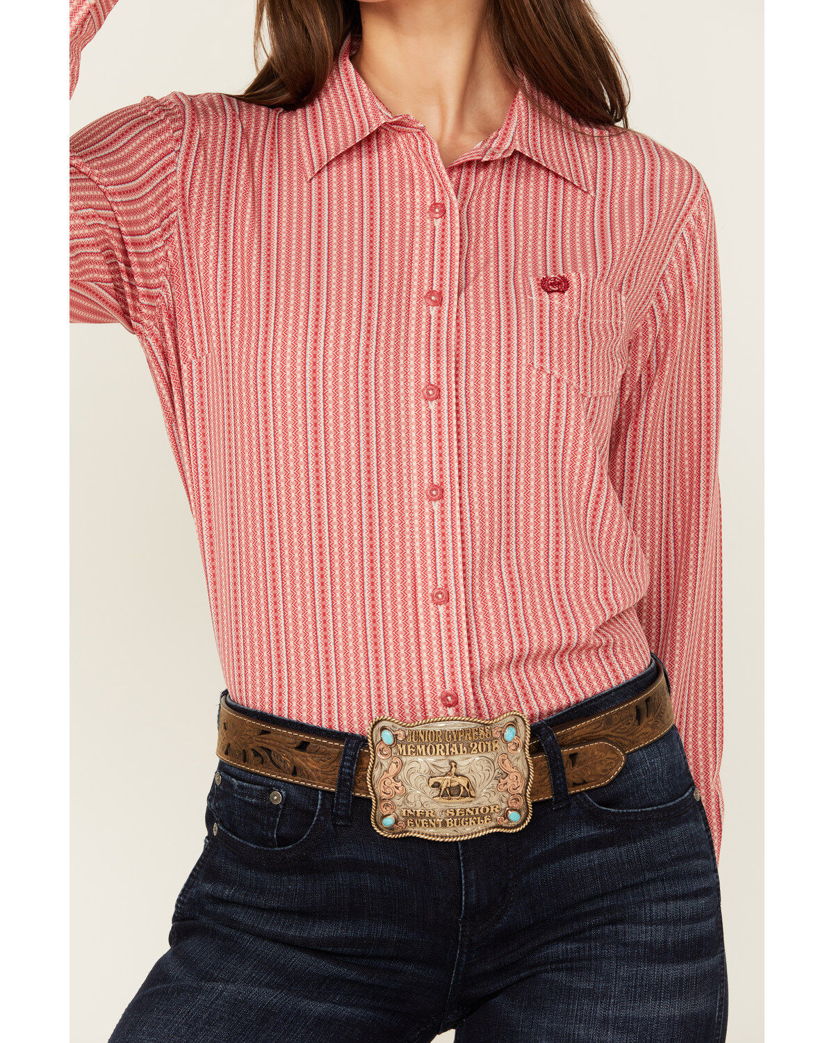 Image #3 - Cinch Women's ARENAFLEX® Striped Long Sleeve Button-Down Western Core Shirt, Red, hi-res