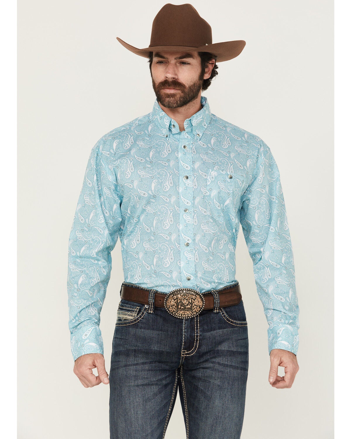 Wrangler Men's Paisley Print Long Sleeve Button-Down Stretch Western Shirt, Aqua, hi-res
