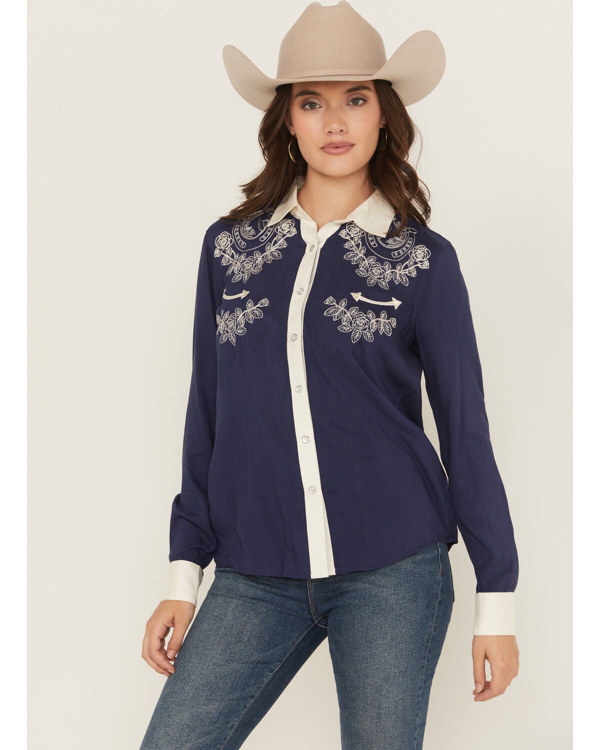 Panhandle Women's Retro Floral & Horse Embroidered Long Sleeve Pearl Snap Western Shirt, Navy, hi-res