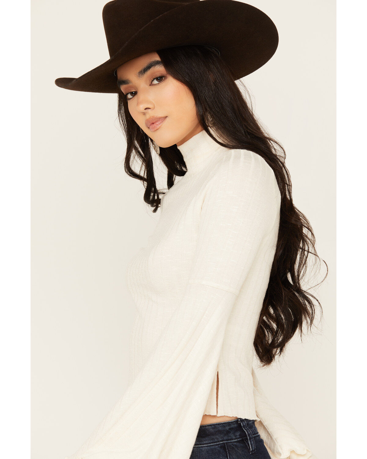 Image #2 - Shyanne Women's Rib Knit Mock Neck Bell Sleeve Top, Cream, hi-res