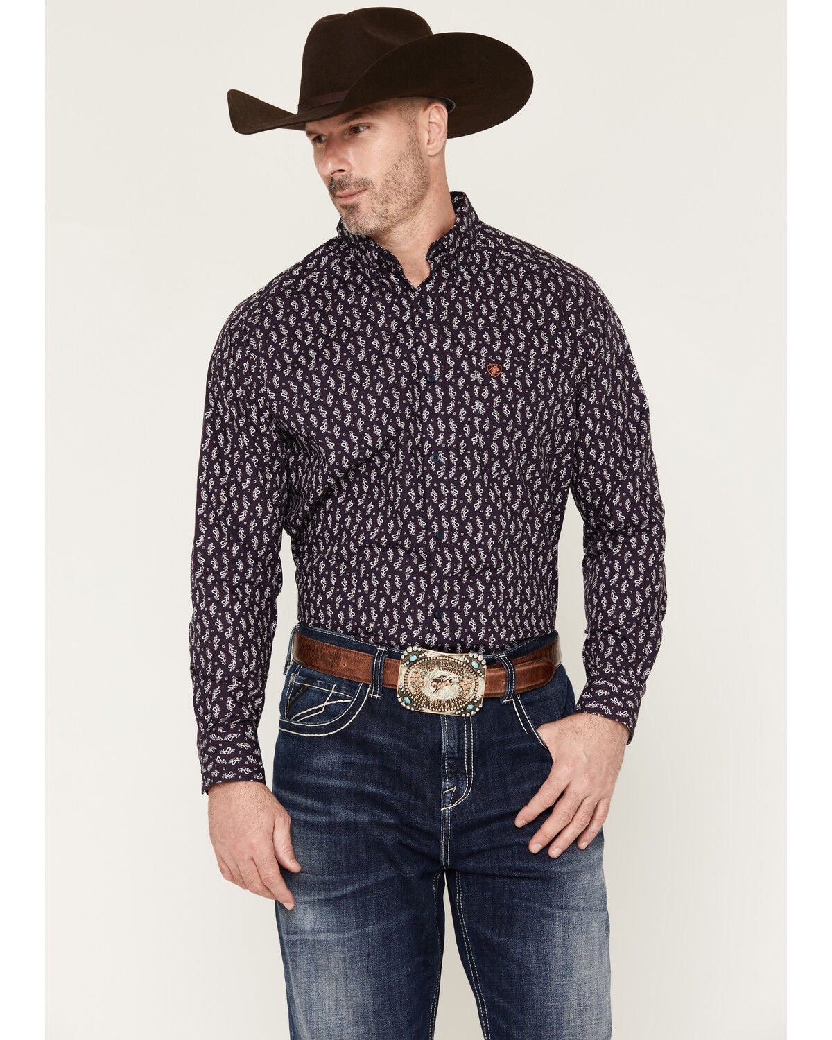 Ariat Men's Parry Paisley Print Long Sleeve Button-Down Western Shirt, Purple, hi-res