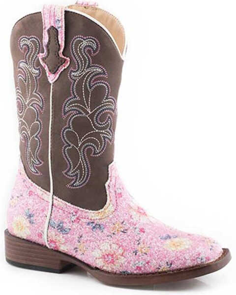Roper Little  Girls' Glitter Flower Western Boots - Square Toe, Pink, hi-res
