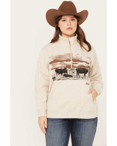 Ariat Women's R.E.A.L. Scenic Pasture Half Zip Pullover Sweatshirt - Plus, Oatmeal, hi-res