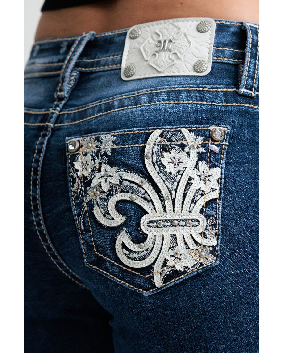 Image #4 - Miss Me Women's Dark Wash Mid Rise Fleur de Lis 32" Bootcut Stretch Denim Jeans, Dark Wash, hi-res
