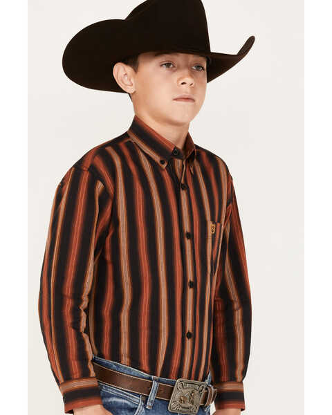 Panhandle Boys' Stripe Print Long Sleeve Button Down Shirt, Rust Copper, hi-res