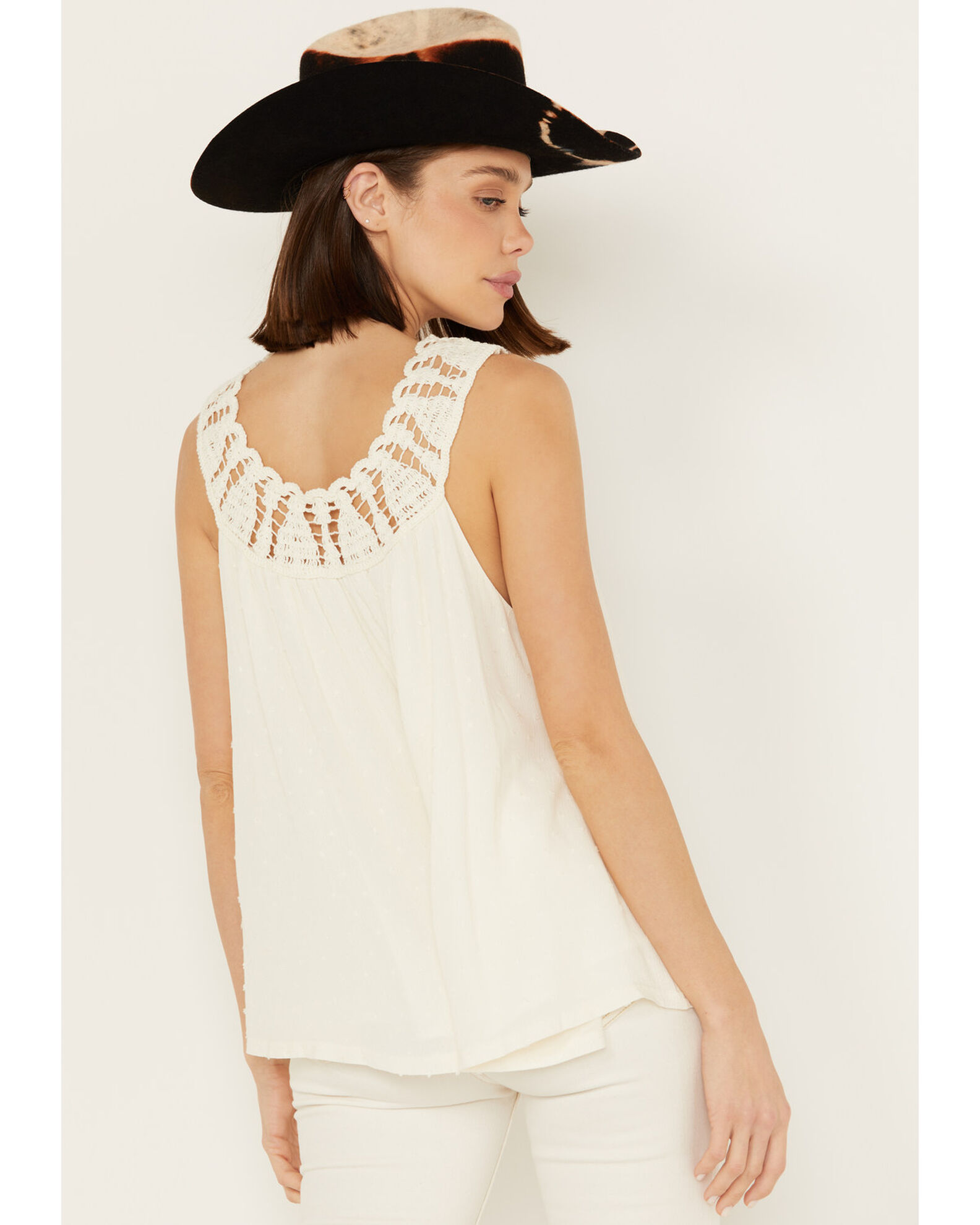Image #4 - Miss Me Women's Crochet Neck Sleeveless Peasant Top, Natural, hi-res