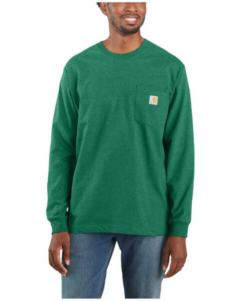 Carhartt Men's Loose Fit Heavyweight Long Sleeve Logo Pocket Work T-Shirt - Tall, Green, hi-res