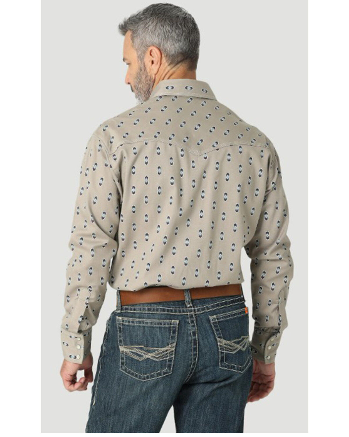 Image #2 - Wrangler 20X Men's FR Southwestern Geo Print Long Sleeve Pearl Snap Western Work Shirt, Tan, hi-res