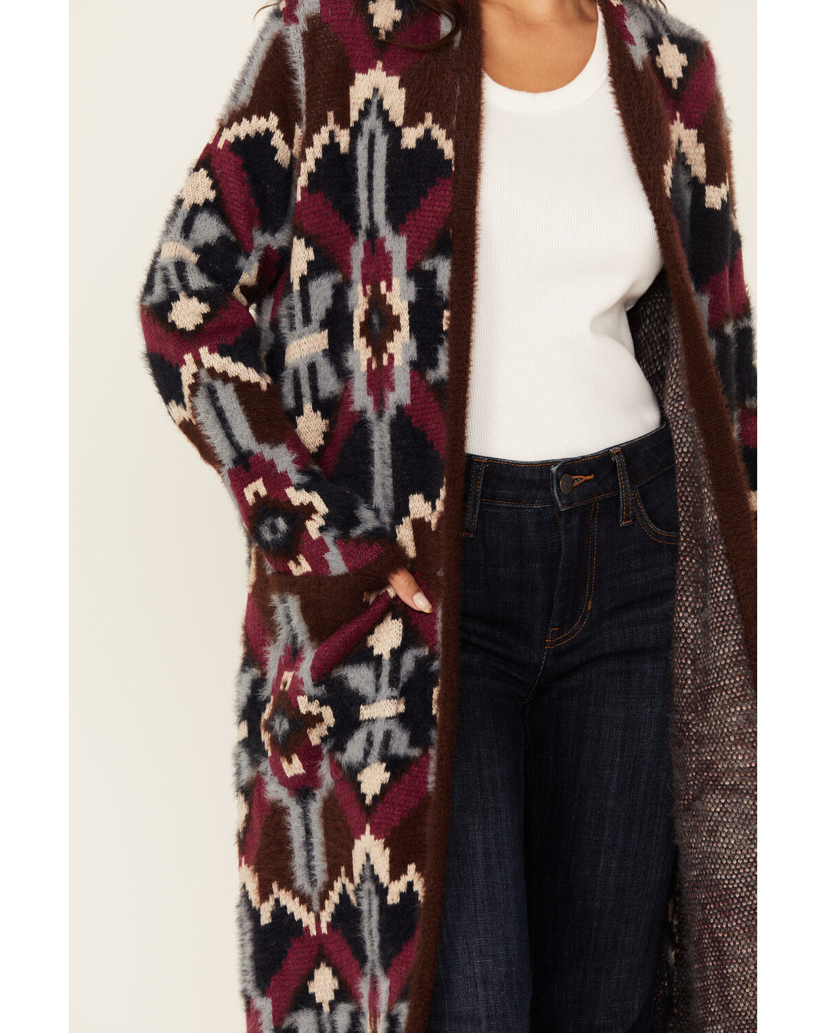Image #3 - Shyanne Women's Southwestern Print Long Cardigan, Chocolate, hi-res