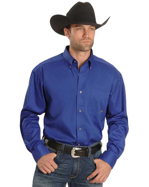 Ariat Men's Blue Solid Twill Oxford Long Sleeve Western Shirt - Big ...