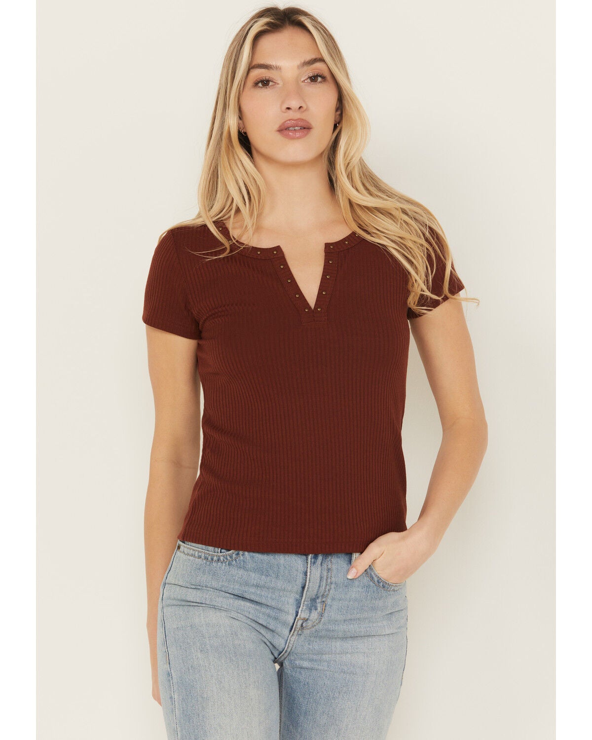 Shyanne Women's Studded Rib Knit V-Neck Top, Mahogany, hi-res