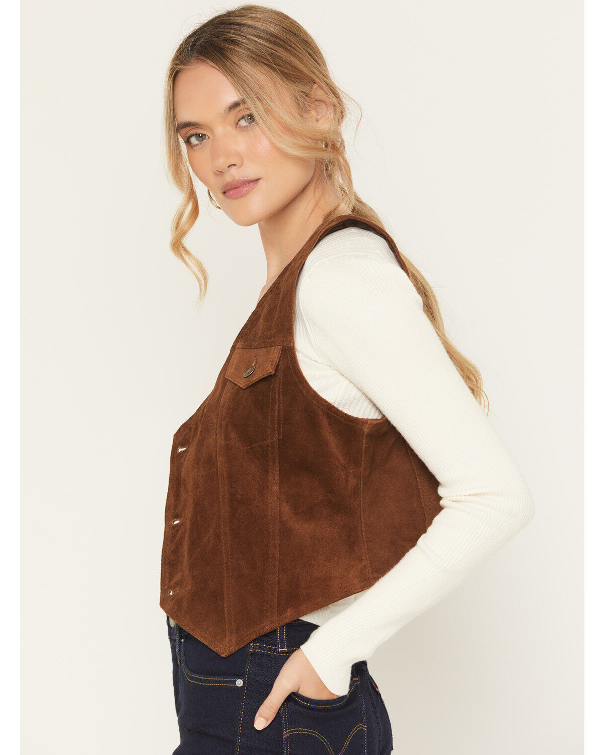 Image #2 - Scully Women's Suede Button-Down Vest, Chocolate, hi-res